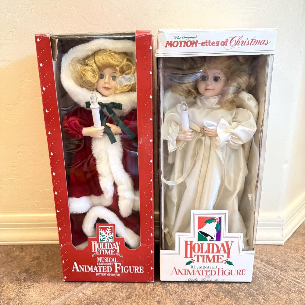 2 Holiday Time MOTION-ettes CHRISTMAS Animated Figures Angel Woman NEED REPAIR